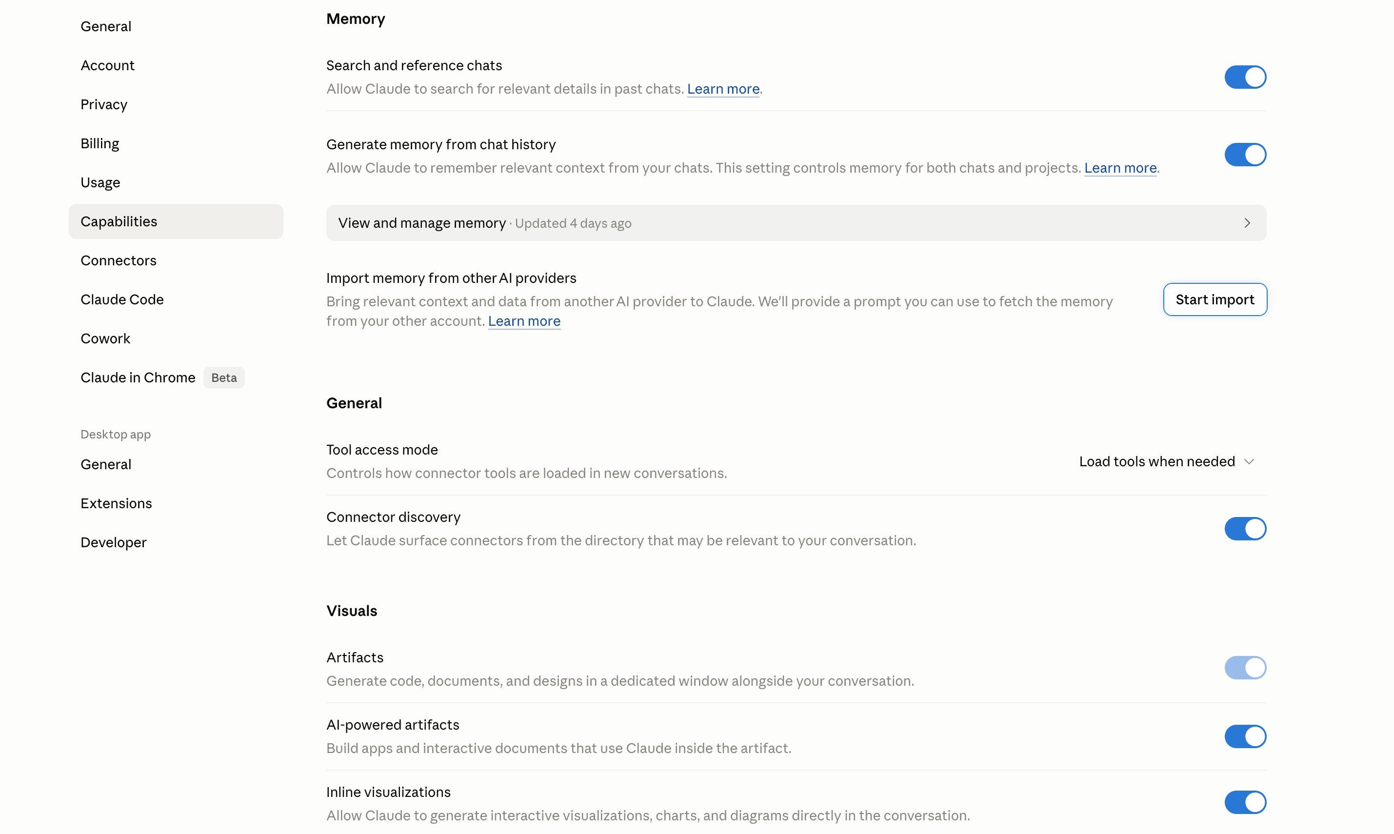 Skærmbillede af Claudes Memory-sektion under Settings Capabilities. Viser tre toggles: 'Search and reference chats', 'Generate memory from chat history', plus en knap der hedder 'Start import' under 'Import memory from other AI providers'.